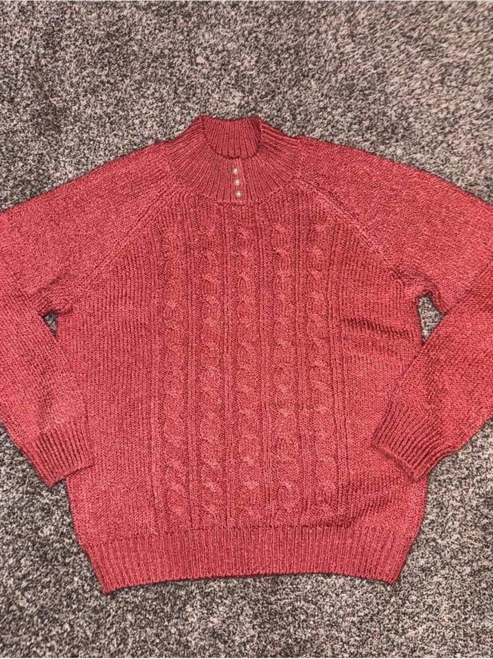 coral cable knit sweater with pearl buttons
